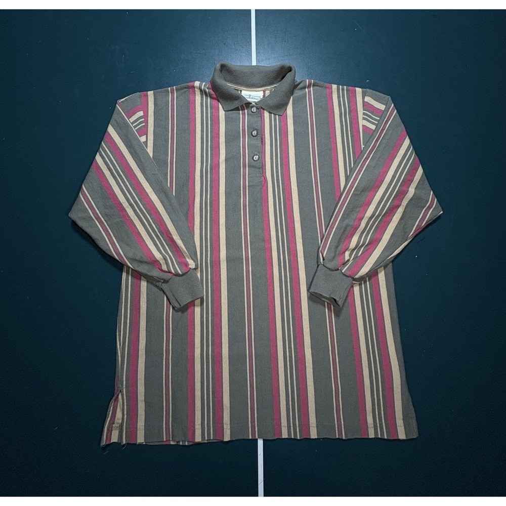 Vintage‎ Rugby Long Sleeve Shirt Vertical Stripe Mens Medium Pink Tan Retro 90s
